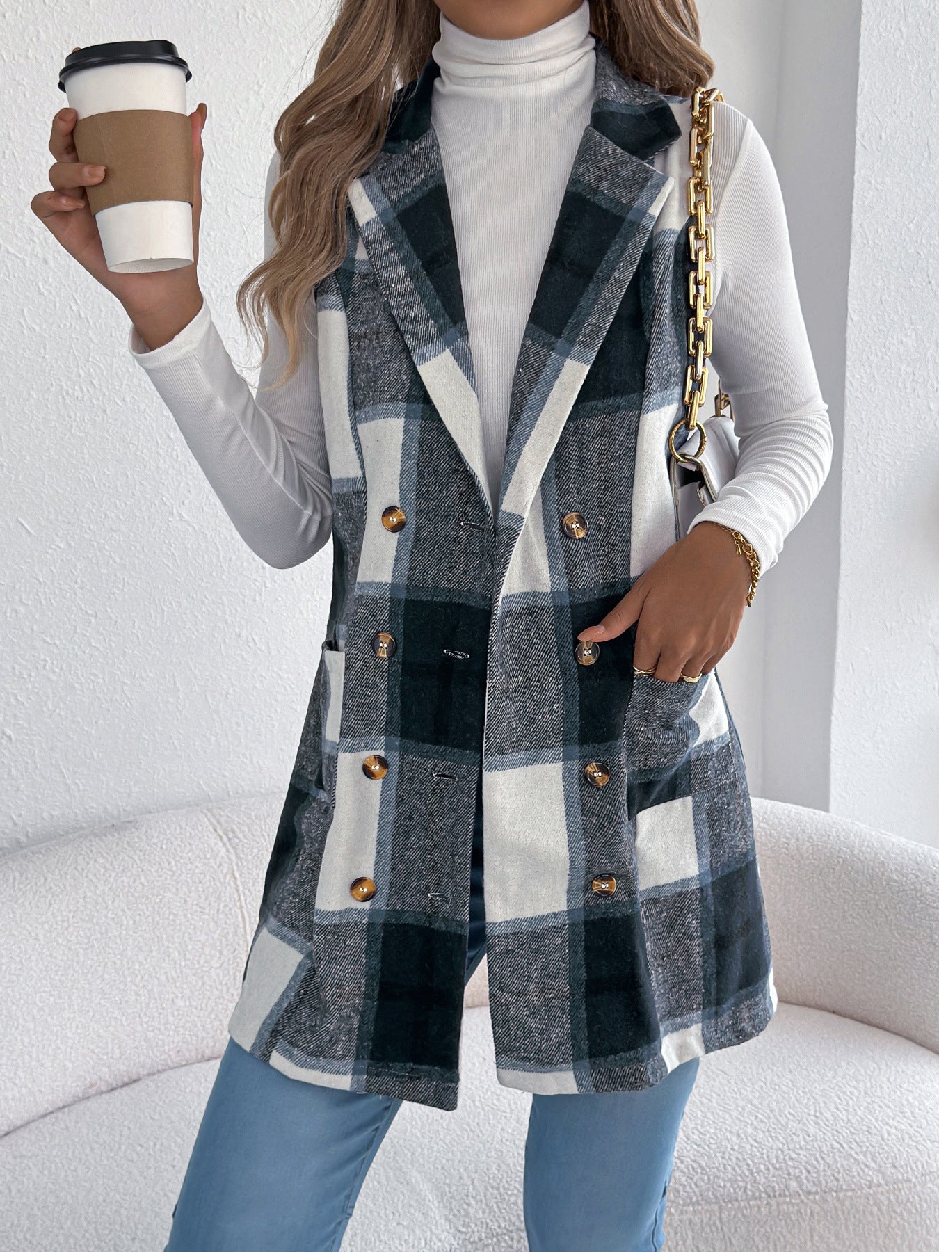 Double breasted pocket woolen coat long vest