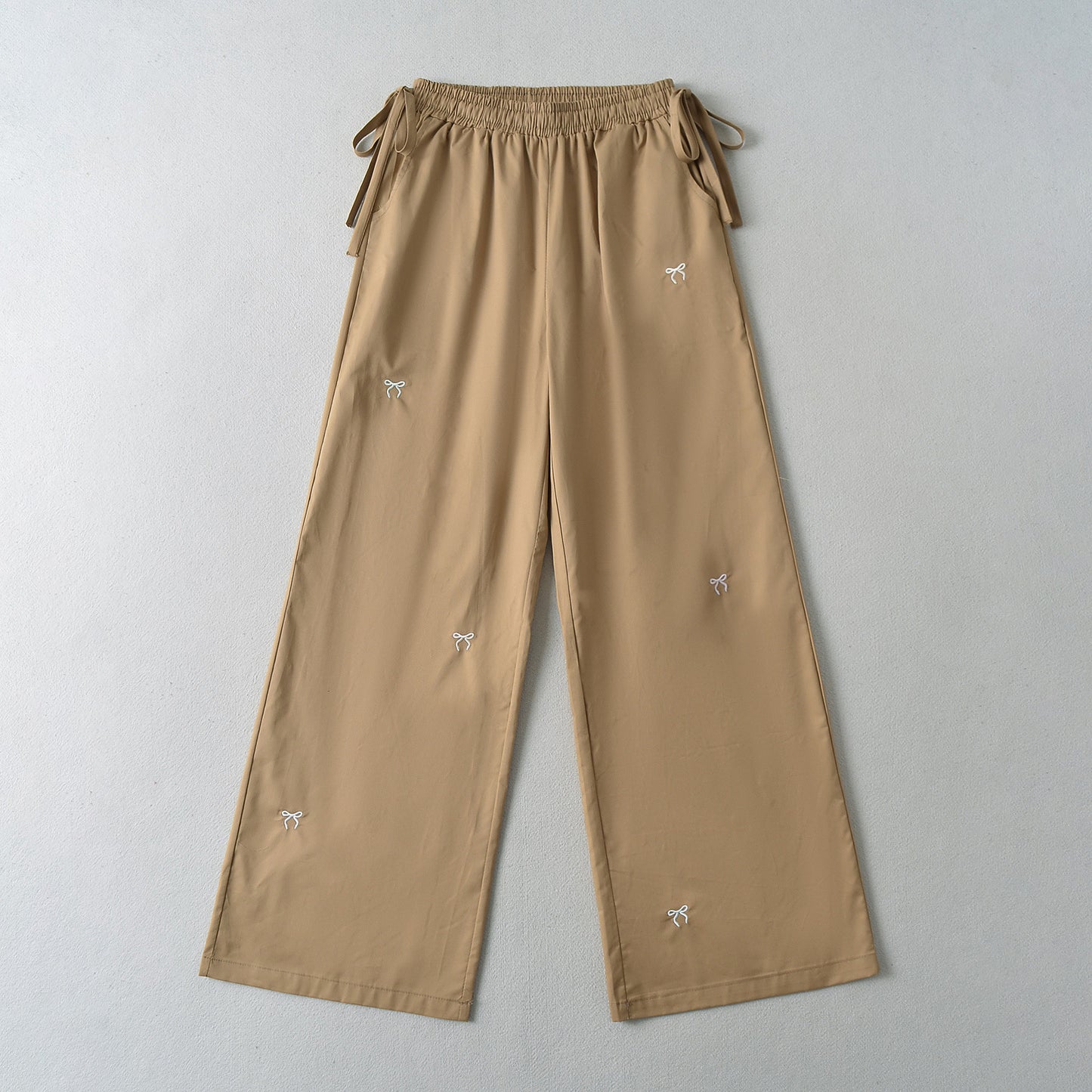 Bow Embroidered Elastic Waist Strap Work Pants