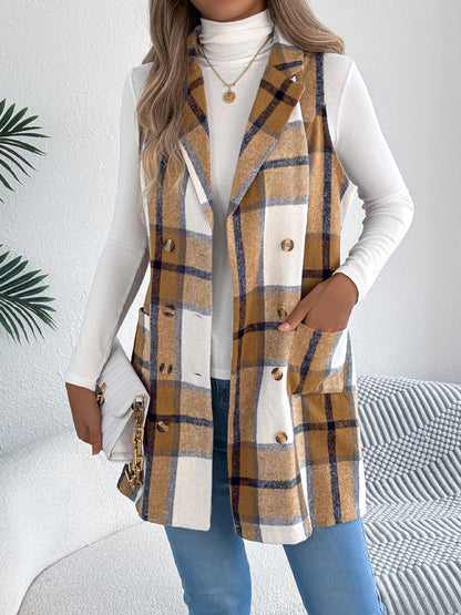 Double breasted pocket woolen coat long vest