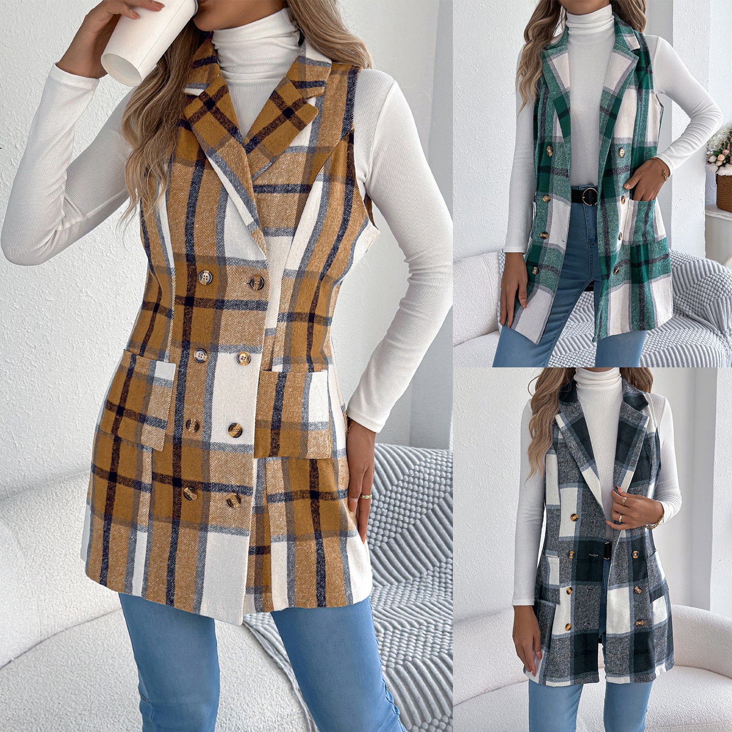 Double breasted pocket woolen coat long vest