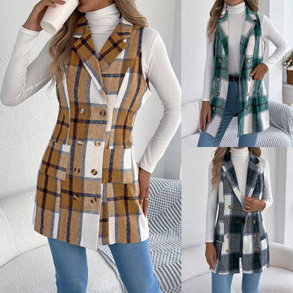 Double breasted pocket woolen coat long vest