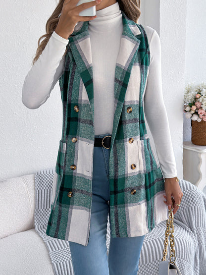 Double breasted pocket woolen coat long vest
