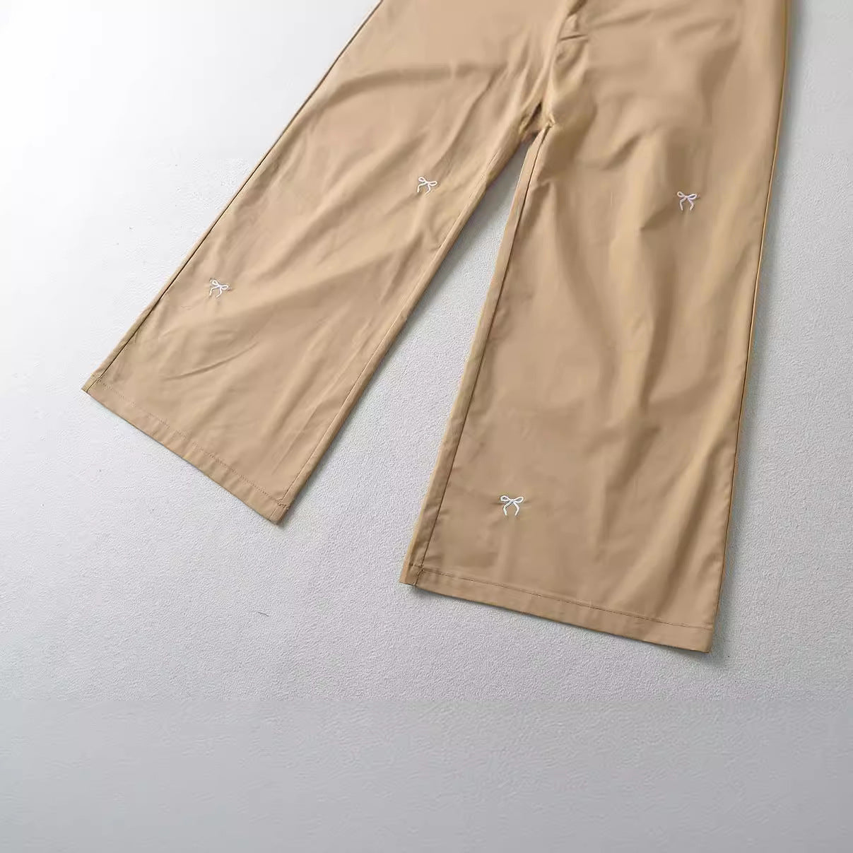 Bow Embroidered Elastic Waist Strap Work Pants