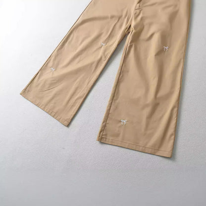 Bow Embroidered Elastic Waist Strap Work Pants