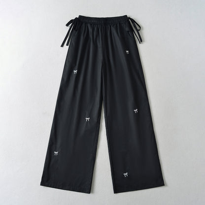 Bow Embroidered Elastic Waist Strap Work Pants