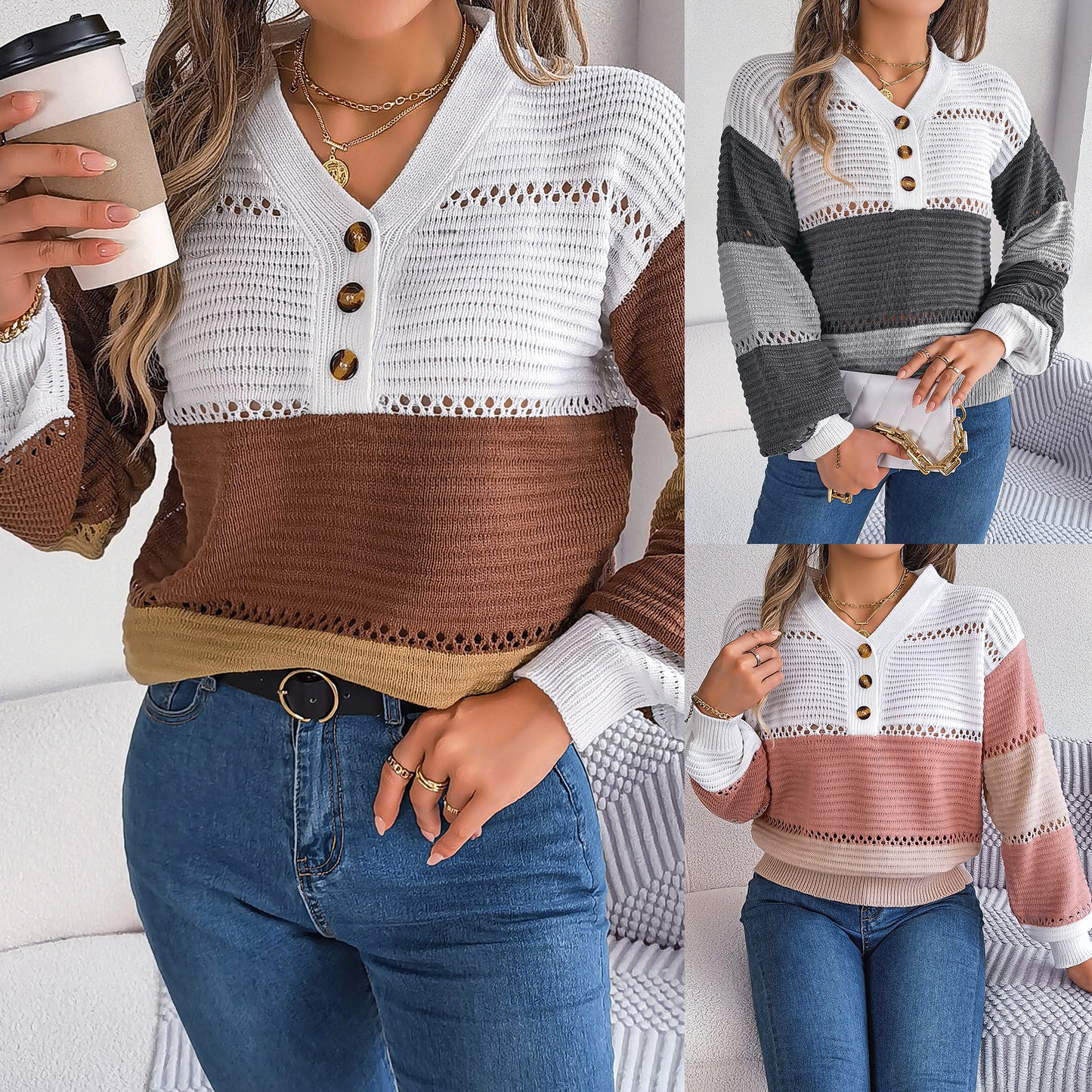 V-neck hollowed out color blocked lantern sleeve sweater