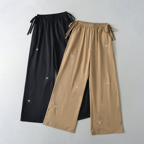 Bow Embroidered Elastic Waist Strap Work Pants