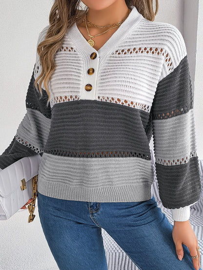 V-neck hollowed out color blocked lantern sleeve sweater