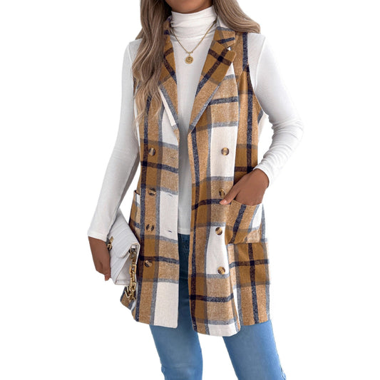 Double breasted pocket woolen coat long vest