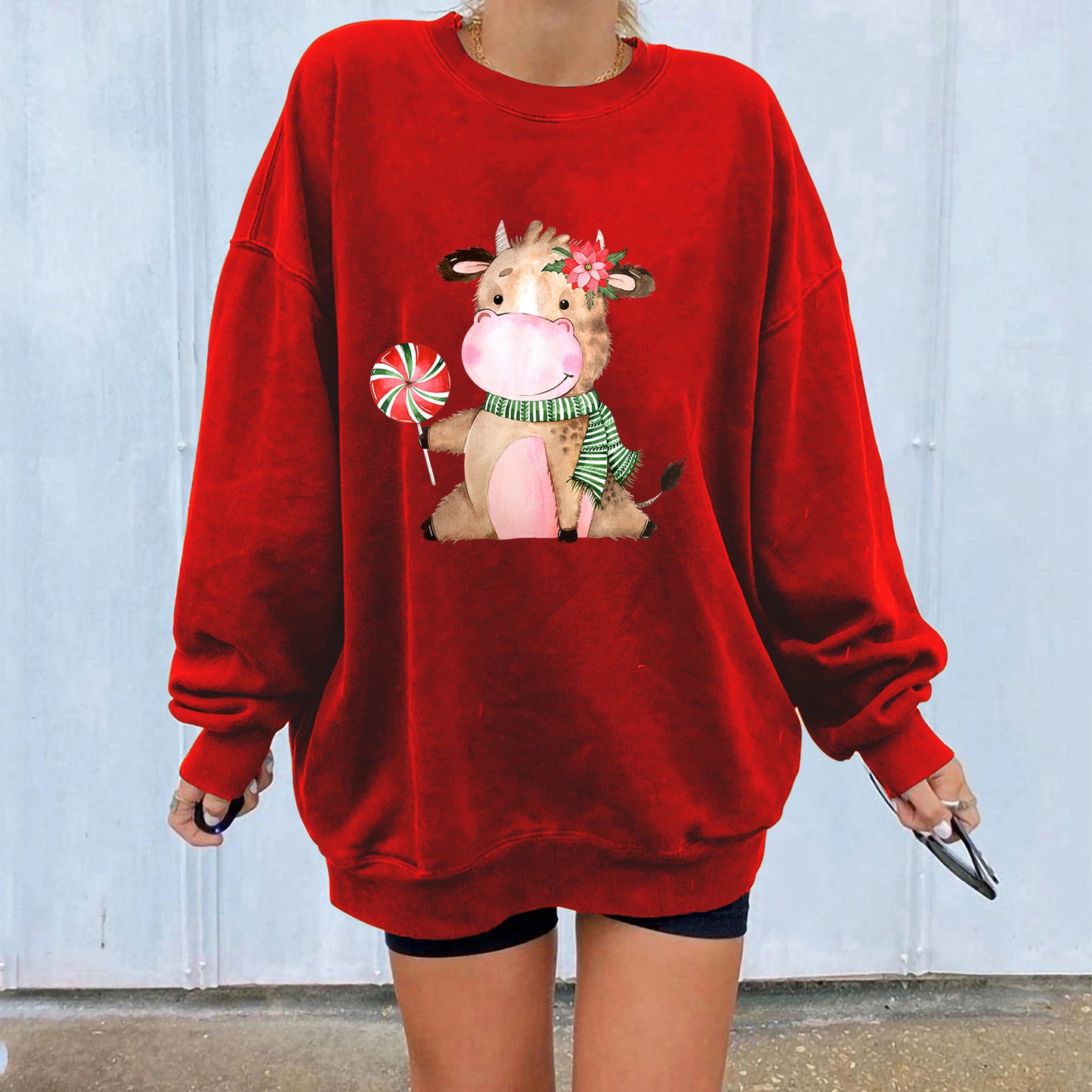 Cow print flower shoulder sweatshirt
