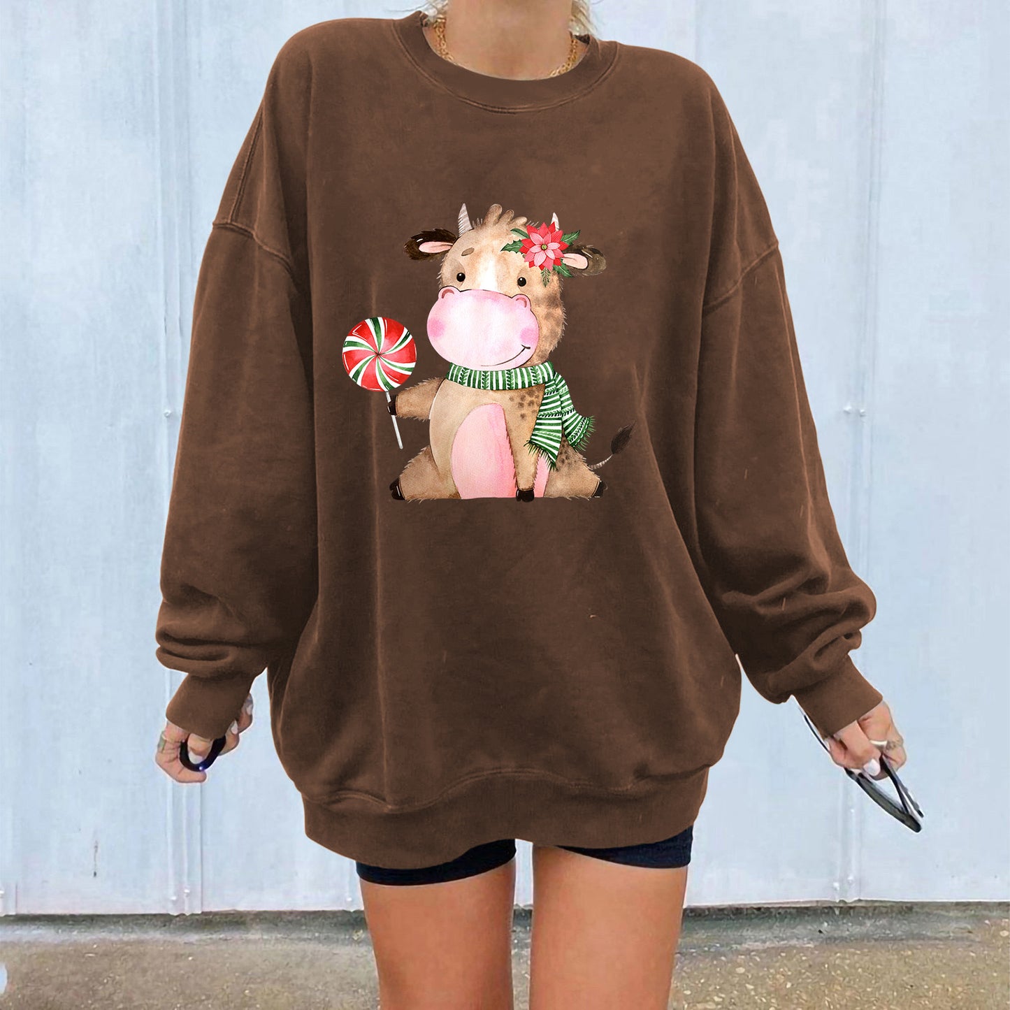 Cow print flower shoulder sweatshirt