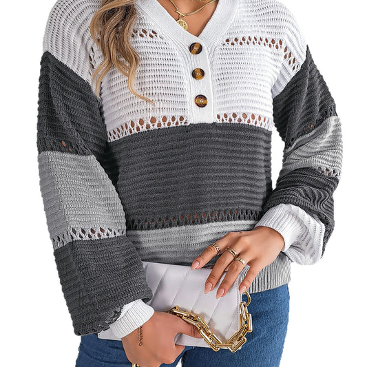 V-neck hollowed out color blocked lantern sleeve sweater