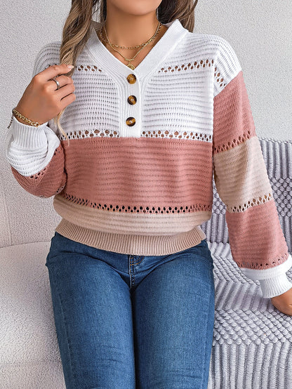 V-neck hollowed out color blocked lantern sleeve sweater