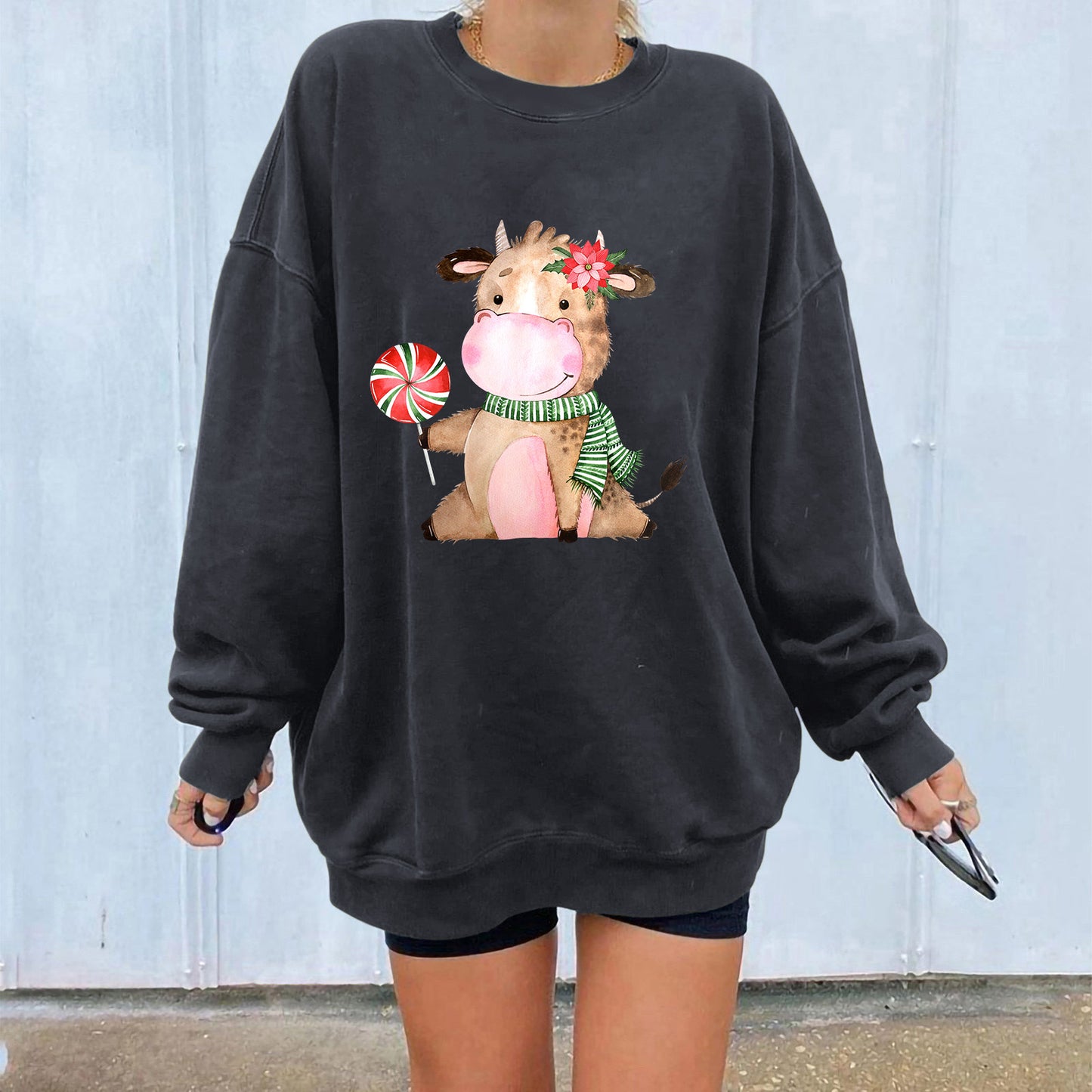 Cow print flower shoulder sweatshirt