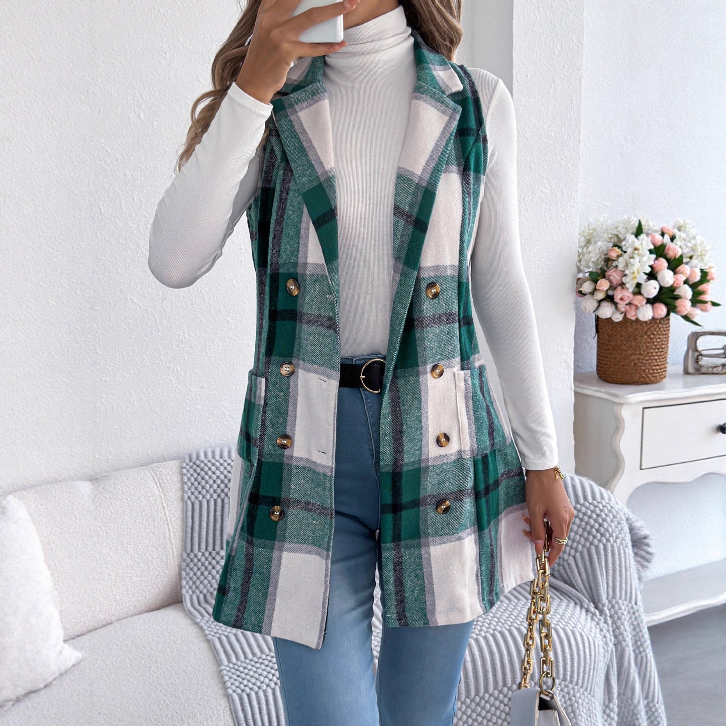 Double breasted pocket woolen coat long vest