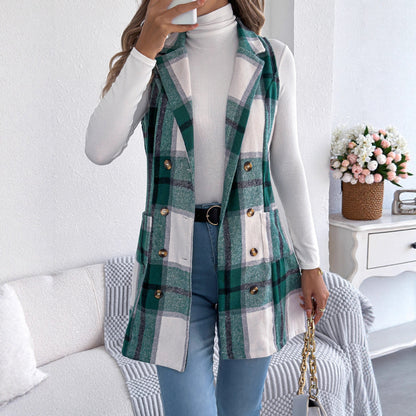 Double breasted pocket woolen coat long vest