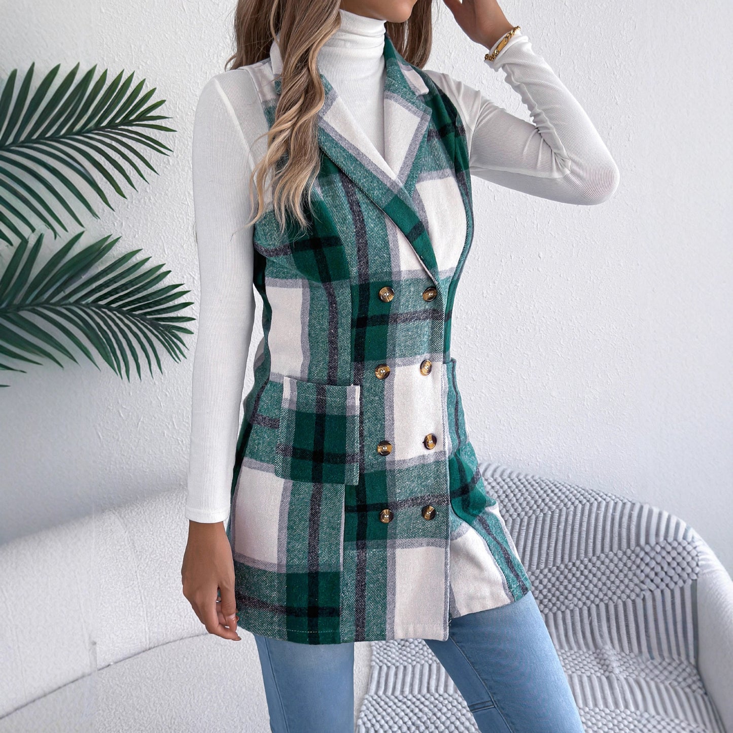 Double breasted pocket woolen coat long vest